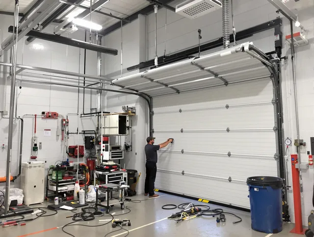 Bethel Garage Door Repair certified technician performing commercial door repair at a Bethel business facility