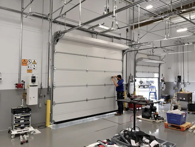 Commercial garage door repair being performed by Bethel Garage Door Repair expert in Bethel