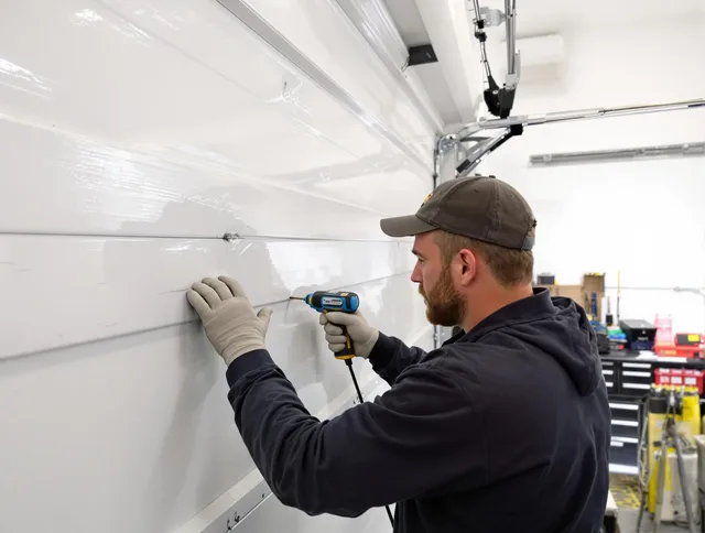 Bethel Garage Door Repair technician demonstrating precision dent removal techniques on a Bethel garage door
