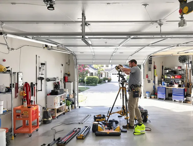 Bethel Garage Door Repair specialist performing laser-guided track alignment in Bethel